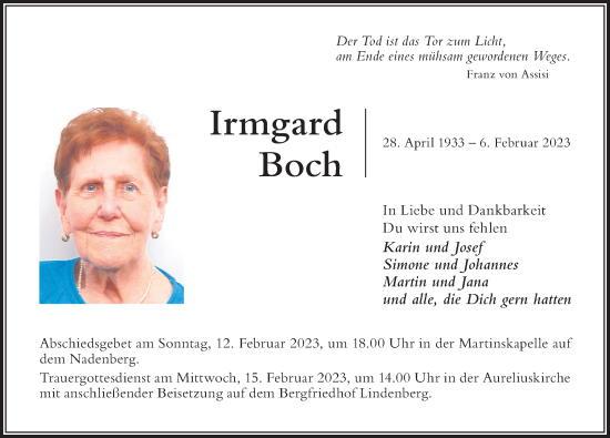 Traueranzeige von Irmgard Boch von Der Westallgäuer