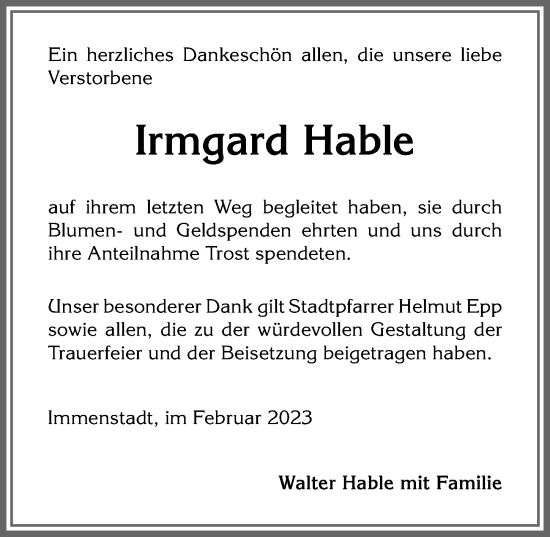Traueranzeige von Irmgard Hable von Allgäuer Anzeigeblatt