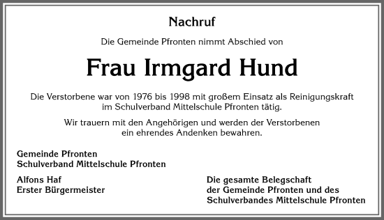Traueranzeige von Irmgard Hund von Allgäuer Zeitung, Füssen