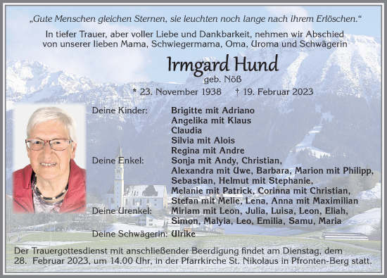 Traueranzeige von Irmgard Hund von Allgäuer Zeitung, Füssen