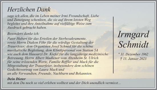 Traueranzeige von Irmgard Schmidt von Memminger Zeitung