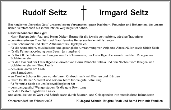 Traueranzeige von Irmgard Seitz von Allgäuer Zeitung, Kaufbeuren/Buchloe