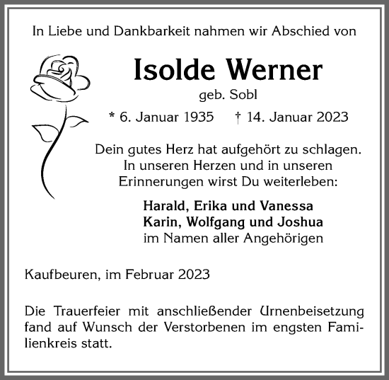 Traueranzeige von Isolde Werner von Allgäuer Zeitung, Kaufbeuren/Buchloe