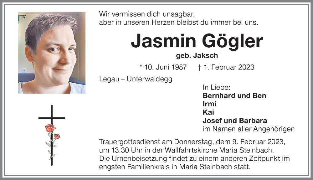  Traueranzeige für Jasmin Gögler vom 04.02.2023 aus Memminger Zeitung