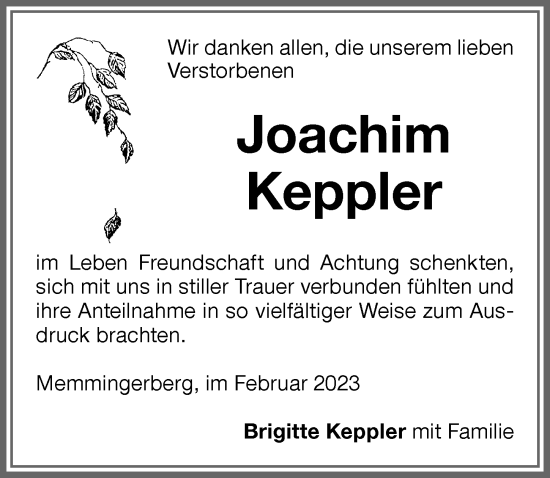 Traueranzeige von Joachim Keppler von Memminger Zeitung