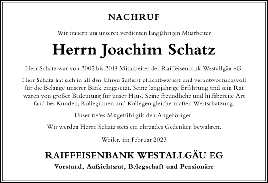 Traueranzeige von Joachim Schatz von Der Westallgäuer