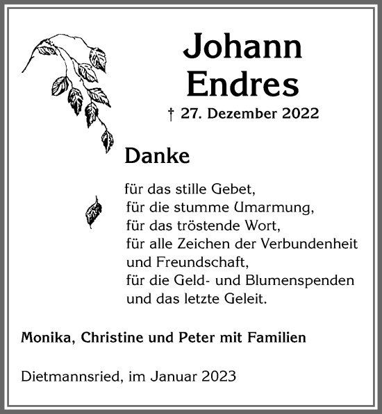 Traueranzeige von Johann Endres von Allgäuer Zeitung,Kempten