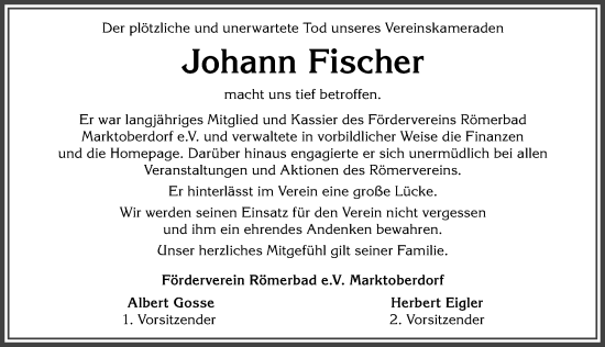 Traueranzeige von Johann Fischer von Allgäuer Zeitung, Marktoberdorf