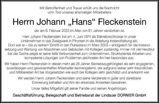 Traueranzeige von Johann Fleckenstein von Allgäuer Zeitung, Füssen