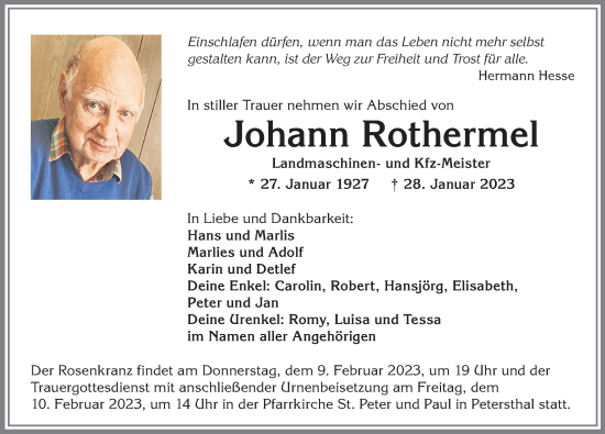 Traueranzeige von Johann Rothermel von Allgäuer Zeitung, Kaufbeuren/Buchloe
