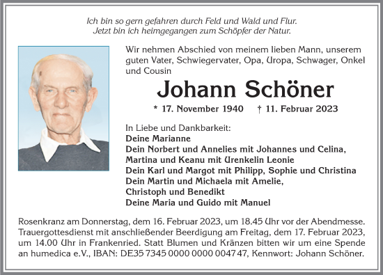 Traueranzeige von Johann Schöner von Allgäuer Zeitung, Kaufbeuren/Buchloe