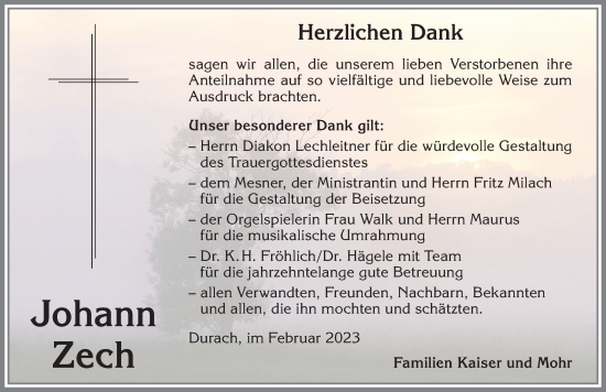 Traueranzeige von Johann Zech von Allgäuer Zeitung,Kempten