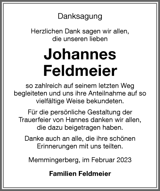 Traueranzeige von Johannes Feldmeier von Memminger Zeitung