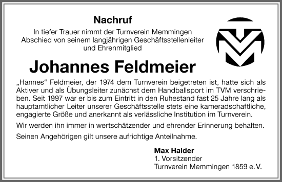 Traueranzeige von Johannes Feldmeier von Memminger Zeitung