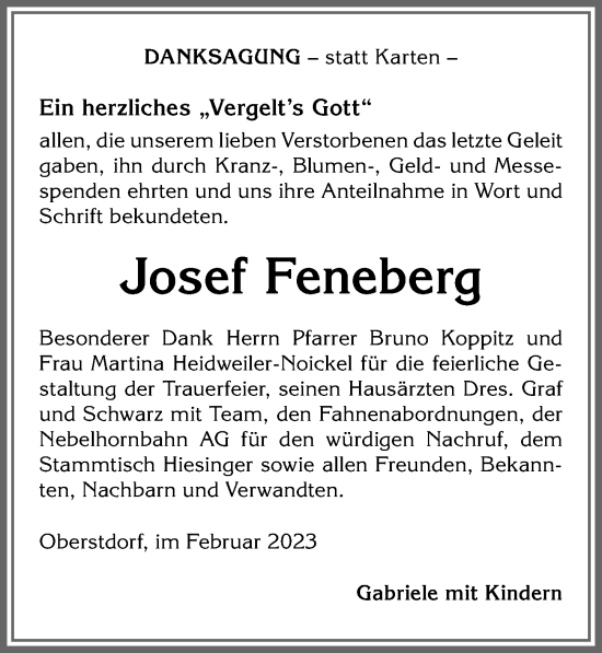 Traueranzeige von Josef Feneberg von Allgäuer Anzeigeblatt