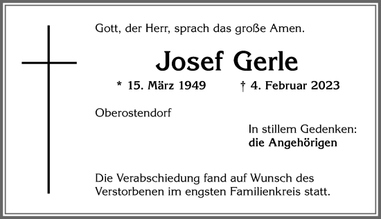 Traueranzeige von Josef Gerle von Allgäuer Zeitung, Kaufbeuren/Buchloe