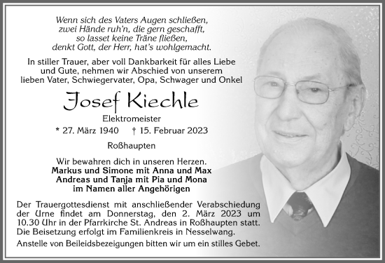 Traueranzeige von Josef Kiechle von Allgäuer Zeitung, Füssen