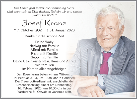 Traueranzeige von Josef Kranz von Allgäuer Zeitung, Marktoberdorf