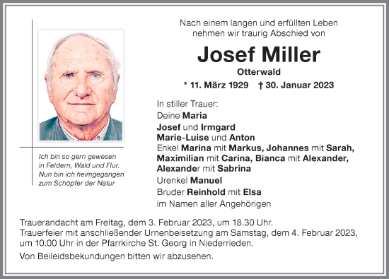 Traueranzeige von Josef Miller von Memminger Zeitung