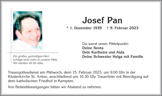 Traueranzeige von Josef Pan von Allgäuer Zeitung, Füssen