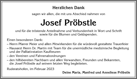 Traueranzeige von Josef Pröbstle von Allgäuer Zeitung, Marktoberdorf