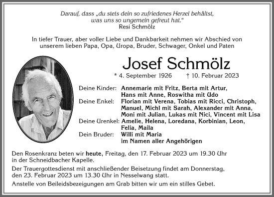 Traueranzeige von Josef Schmölz von Allgäuer Zeitung, Füssen