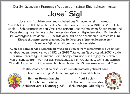 Traueranzeige von Josef Sigl von Allgäuer Anzeigeblatt