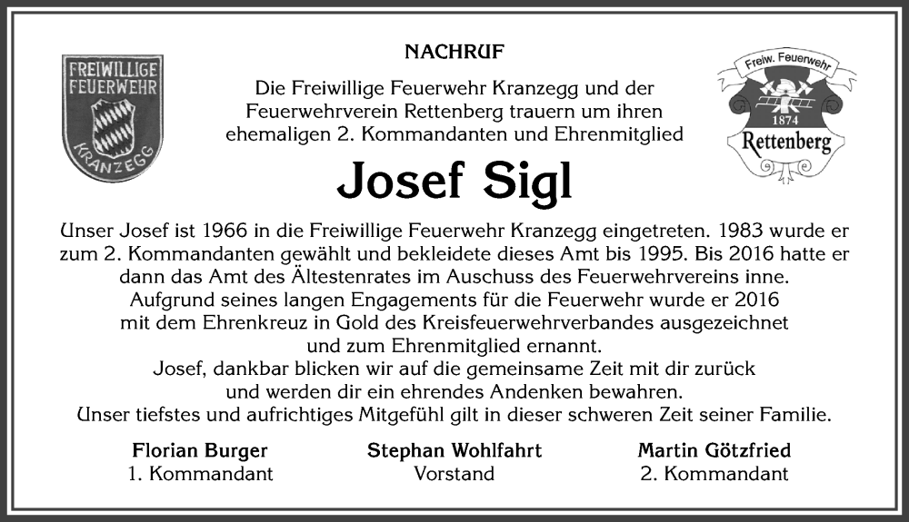  Traueranzeige für Josef Sigl vom 23.02.2023 aus Allgäuer Anzeigeblatt