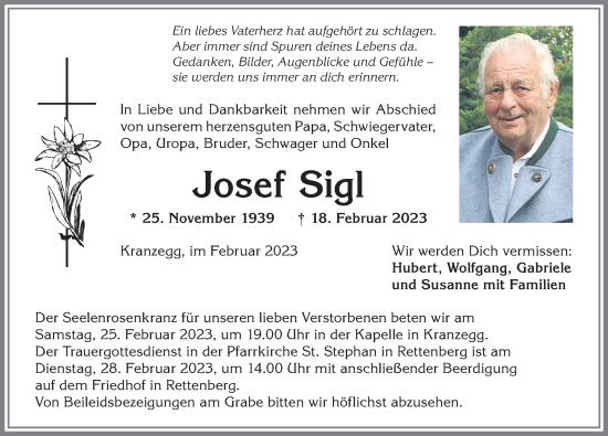 Traueranzeige von Josef Sigl von Allgäuer Anzeigeblatt