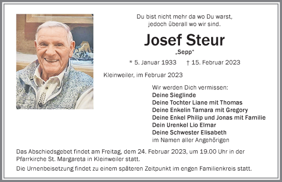 Traueranzeige von Josef Steur von Allgäuer Zeitung,Kempten