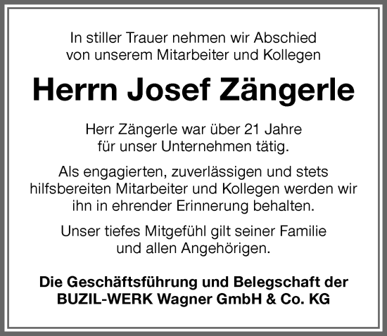 Traueranzeige von Josef Zängerle von Memminger Zeitung