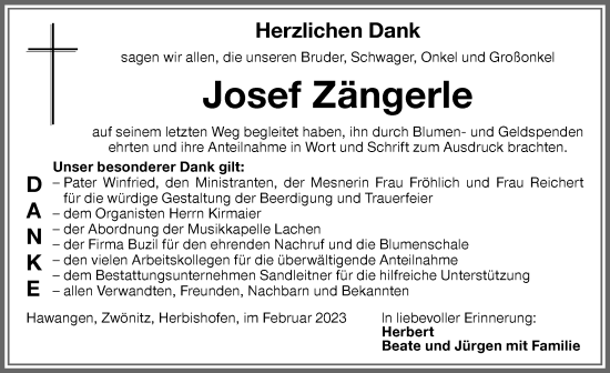 Traueranzeige von Josef Zängerle von Memminger Zeitung