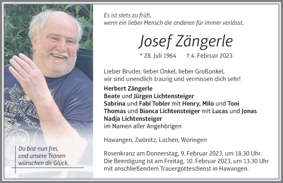 Traueranzeige von Josef Zängerle von Memminger Zeitung