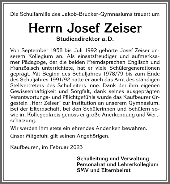 Traueranzeige von Josef Zeiser von Allgäuer Zeitung, Kaufbeuren/Buchloe