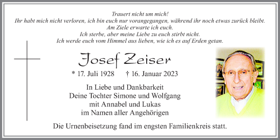 Traueranzeige von Josef Zeiser von Allgäuer Zeitung, Kaufbeuren/Buchloe
