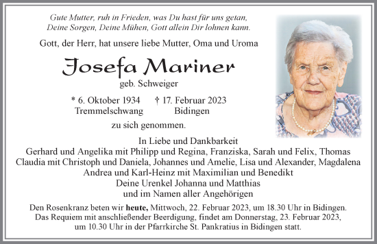 Traueranzeige von Josefa Mariner von Allgäuer Zeitung, Marktoberdorf