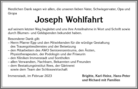 Traueranzeige von Joseph Wohlfahrt von Allgäuer Anzeigeblatt
