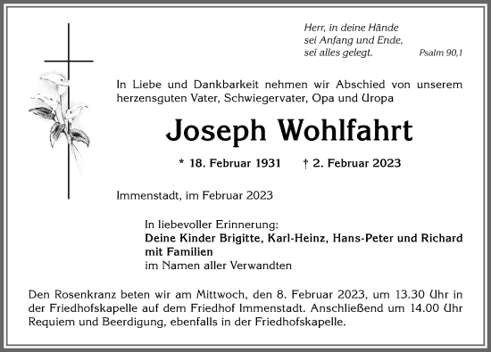 Traueranzeige von Joseph Wohlfahrt von Allgäuer Anzeigeblatt