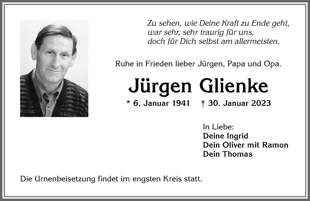  Traueranzeige für Jürgen Glienke vom 02.02.2023 aus Allgäuer Zeitung,Kempten