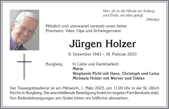 Traueranzeige von Jürgen Holzer von Allgäuer Anzeigeblatt