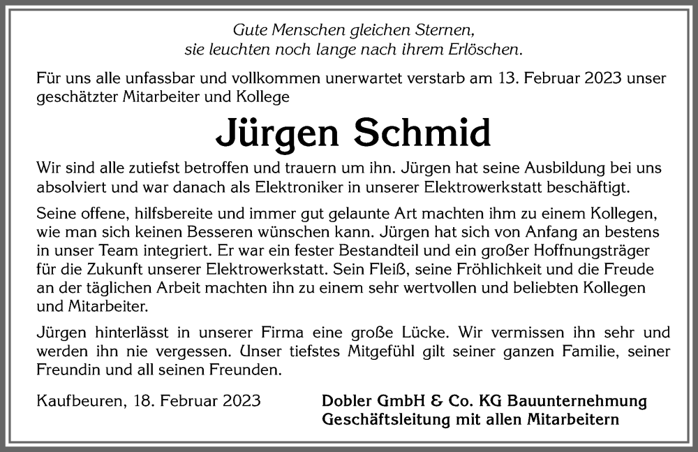  Traueranzeige für Jürgen Schmid vom 18.02.2023 aus Allgäuer Zeitung, Kaufbeuren/Buchloe