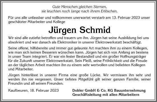 Traueranzeige von Jürgen Schmid von Allgäuer Zeitung, Kaufbeuren/Buchloe