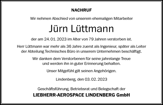 Traueranzeige von Jürn Lüttmann von Der Westallgäuer