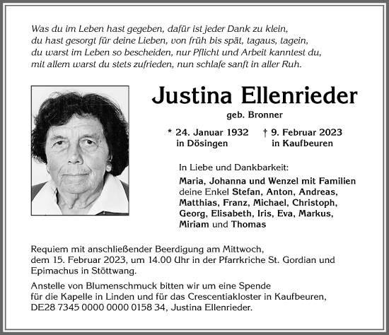 Traueranzeige von Justina Ellenrieder von Allgäuer Zeitung, Kaufbeuren/Buchloe