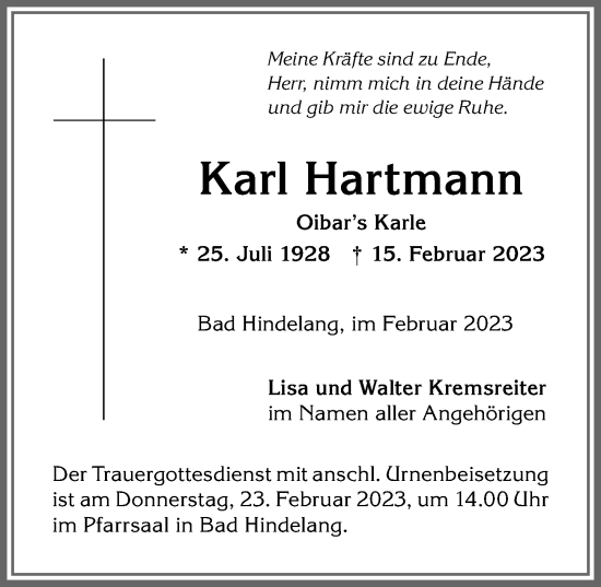 Traueranzeige von Karl Hartmann von Allgäuer Anzeigeblatt