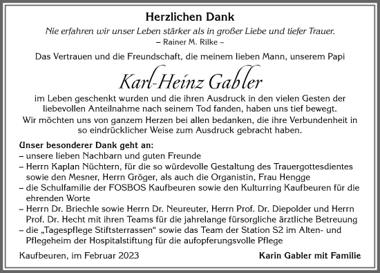 Traueranzeige von Karl-Heinz Gabler von Allgäuer Zeitung, Kaufbeuren/Buchloe