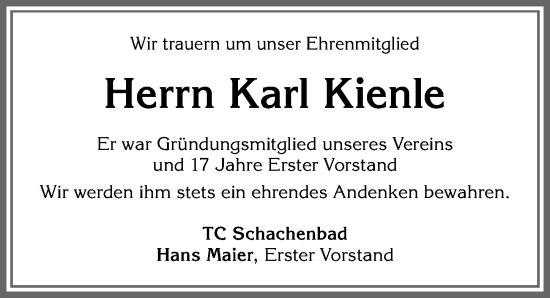 Traueranzeige von Karl Kienle von Memminger Zeitung