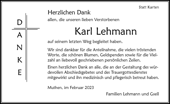 Traueranzeige von Karl Lehmann von Der Westallgäuer