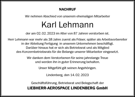 Traueranzeige von Karl Lehmann von Der Westallgäuer