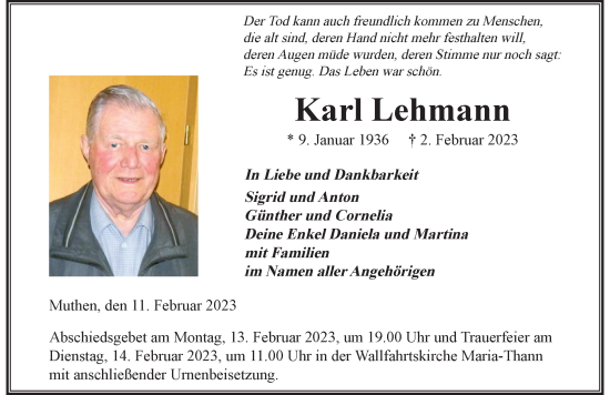 Traueranzeige von Karl Lehmann von Der Westallgäuer